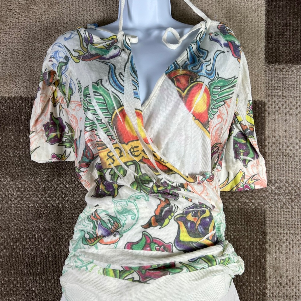 Y2K Muzzanghee Womens Tattoo Print Wrap Ed Hardy‎ Style Cold Shoulder Top Medium